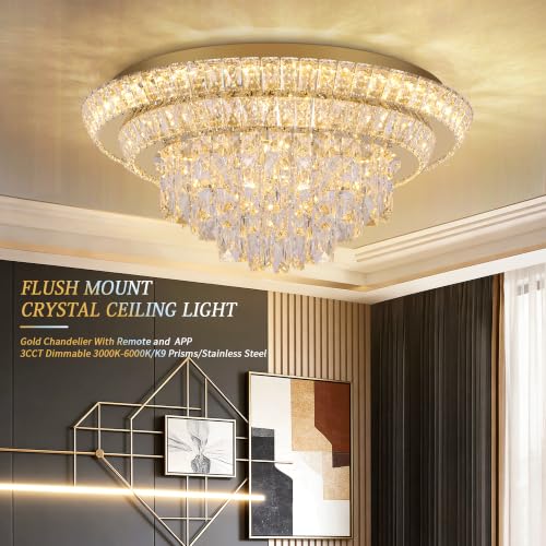 24 inch Crystal Chandeliers With Remote and APP Control, Modern Luxury Flush Mount Gold Ceiling Light, 3CCT Dimmable Brightness Adjustable,SUS 304, For Living/Dining Room Kitchen Bedroom Hallway Foyer