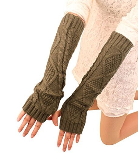 JOVANA Women Winter Warm Fingerless Knitted Long Gloves Mitten Wrist Arm Hand Warmer (Khaki)