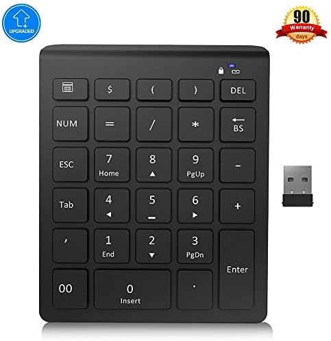 Wireless Number Pad, Wireless Numeric Keypad with Ultra-Light and Versatile, 2.4GHz, 28-Keys Number Pad with USB Receiver, Shortcuts for Laptop, Desktop, Surface Pro, Notebook and More-Black