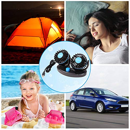 EXCOUP USB Fan with 2 Speeds, Adjustable Mini Car Fan, Table Fan DC 5V Dual Head Rotatable