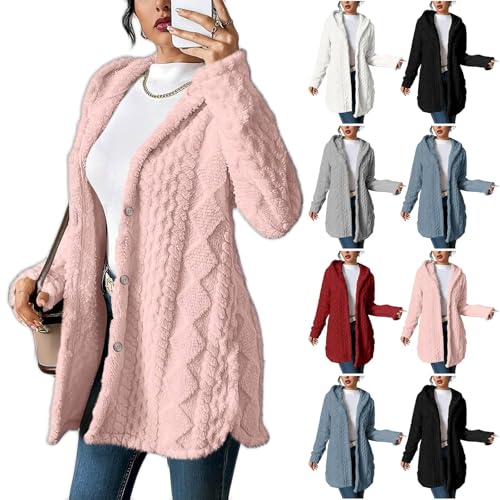 Winter Jackets for Women UK Warm Plush Button-Up Coats with Hood Fleece Fuzzy Long Sleeve Jacket Ladies Autumn Winter Open Front Coat Solid Color Casual Soft Jacket