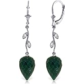 14k Solid White Gold Drop Style Lever Back Earrings with Natural Diamond Accents and Green Sapphire