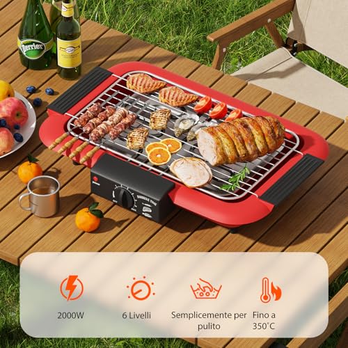 Electric BBQ Grill Non-stick Smokeless Indoor/Outdoor BBQ Grill Portable Removable High Power Double Tube 2000W BBQ Party Grill (Red D)
