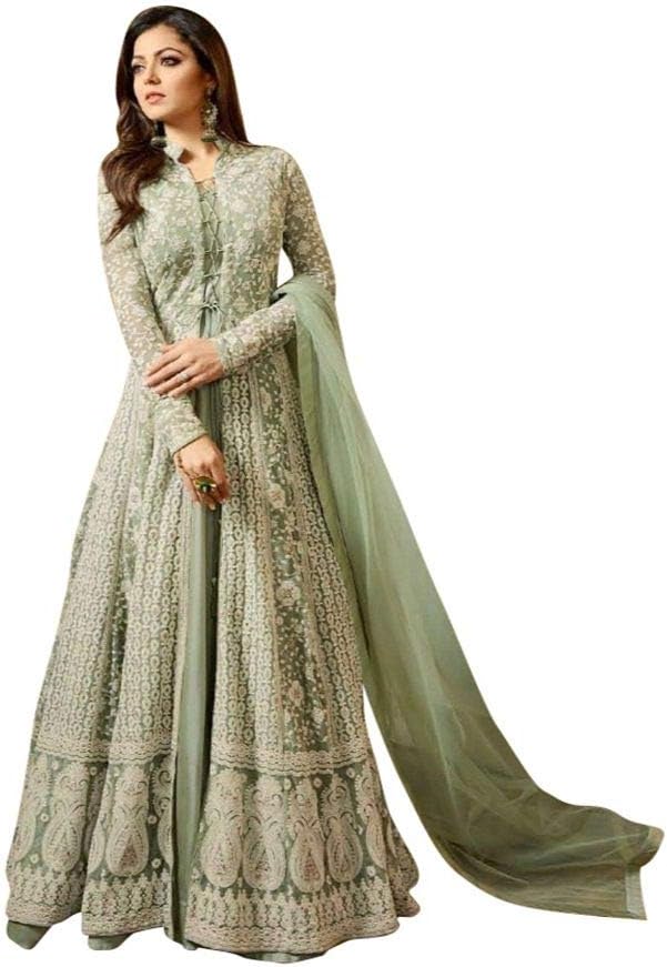 Range Of India Women's Anarkali Salwar Kameez Designer Indian Dress Party Embroidered Gown Light Green