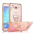 CaseHaven Galaxy J7 Case, Glitter Crystal Heart Floral Series - Slim Luxury Bling Rhinestone Clear TPU Case With Ring Stand For Samsung Galaxy J7 J700 (2015) - Rose Gold