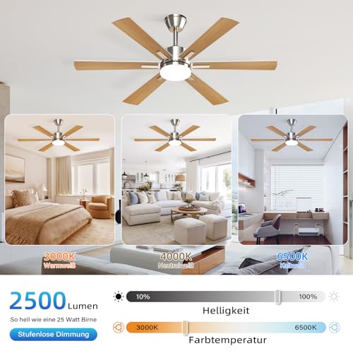 EppieBasic Ventilateur Plafond avec Lumiere Salon: 132 cm Ventilateur Plafond Moteur DC Silencieux avec Télécommande/Appli – 6 Vitesses, Design Moderne, 6 Pales Aspect Bois pour Chambre