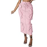 ebossy Women's Vintage 90s Drawstring Stretchy Zipper Muti-Pockets Pencil Long Cargo Skirt