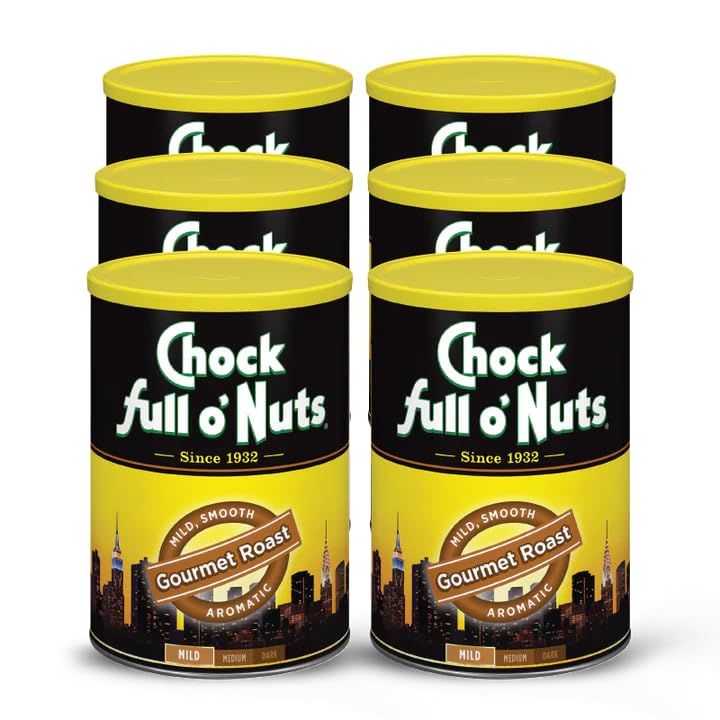 Chock Full o' Nuts Gourmet Roast Ground Coffee – Premium Beans in Recyclable Steel Can – Rich Flavor & Aroma, Light Roast – Perfect for Drip, Pour-Over, Percolator – 11 Oz Can, Pack of 6 Image