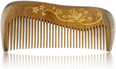 Unique Gift - Olina No Static Premium Quality Natural Wood Pocket Hair Comb Beard Comb Moustache Comb with Natural Wood Aromatic Smell (Narrow-tooth, Green Sandal Wood Gold Carved)-4.9''