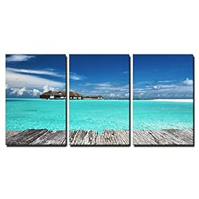 3 Piece Canvas Wall Art - Beautiful Beach with Jetty at Maldives - Modern Home Art Stretched and Framed Ready to Hang - 16"x24"x3 Panels