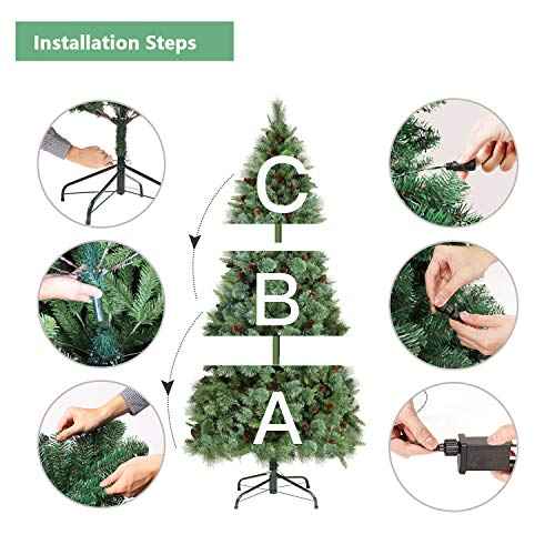 SHareconn 6.5ft Pre-Lit Premium Artificial Hinged Christmas Pine Tree with 380 Clear Lights, 60 Pine Cones, 1460 Branch Tips and Metal Stand