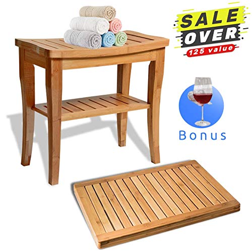 Shower Bench Seat Wooden with Bathroom Floor Mat, for Spa Bath Deluxe Organizer Stool with Storage Shelf for Seating Chair, Perfect for Indoor and Outdoor Decor, Made of 100 (Natural Bamboo)