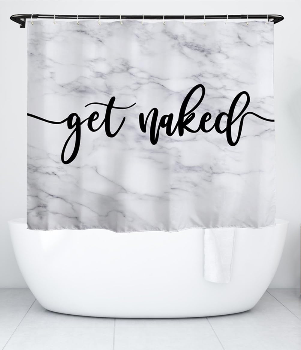 goodbath Marble Shower Curtain Short, Get Naked Waterproof Bathroom Curtains Anti Mould Fabric Bath Curtains, 180cm x 150cm drop, White Black