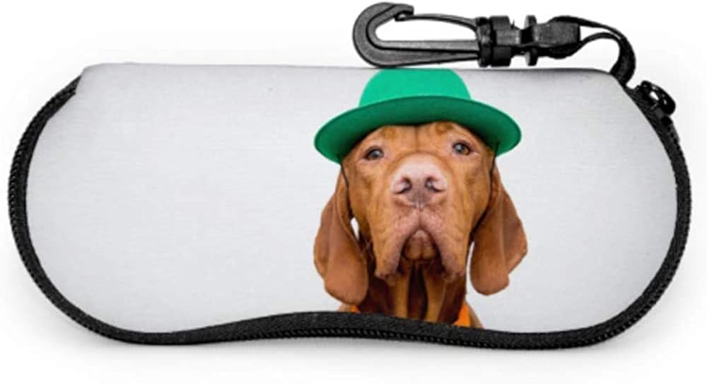 Green Hat Dog Puppy Fun Funny Eyeglass Case Soft Glasses Case Light