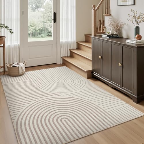 Boho Area Rug for Entryway 4x6 Entrance Rug Machine Washable Rugs for Living Room Non Slip Soft Carpet Geometric Jacquard Textured Carpet for Bedroom Dining Room Nursery Office Living Room Rug -Beige