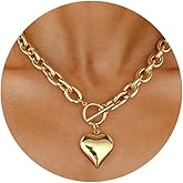 WOWORAMA Gold Chunky Chain Necklace for Women Puffy Heart Pendant Necklace White Gold Thick Chunky Chain Link Necklaces Heart Coin Choker Necklace