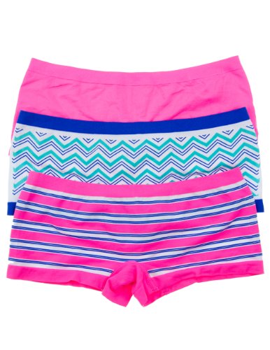 Rene Juniors 3 Pack Soft Nylon/spandex Boyshorts (Medium, Chevron/Striped/Pink)