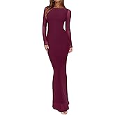 REORIA Women's Spring Mesh Sheer Long Sleeve Wedding Guest Dress Sexy Floral Bodycon Maxi Long Dresses