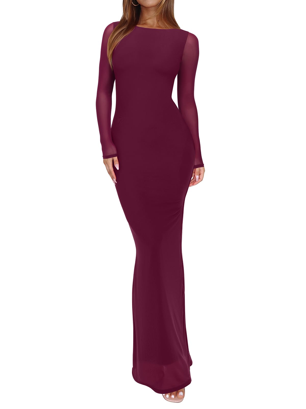 Photo 1 of REORIA Women's Fall Mesh Sheer Long Sleeve Wedding Guest Dress Sexy Floral Bodycon Maxi Long Dresses Cordovan Large