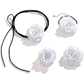 coadipress 3 Pairs Rose Flower Earrings Necklace Bracelet Set for Women Vintage Camellia Satin Flowers Necklace Black Red White Fabric Earrings Bracelet Wedding Gift