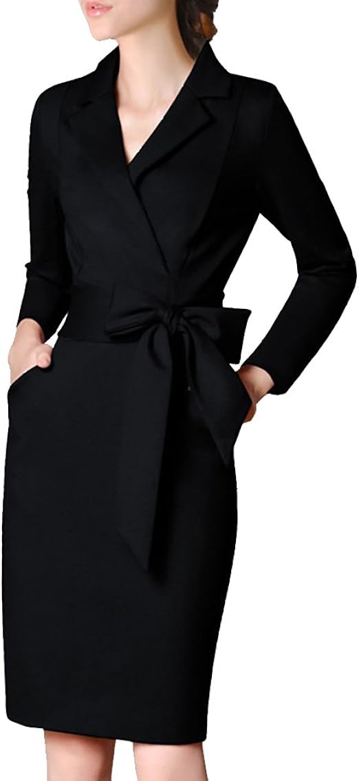 Amazon クラウディムーン Cloudy Moon タイト カシュクール リボン ワンピ 膝丈 長袖 ペンシル ワンピース 母親 上品 パーティー セレモニー 結婚式 二次会 発表会 七五三 レディース S 黒 服 ファッション小物 通販