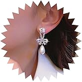 Vacaonio Boho Teardrop Pearl Earrings Rhinestone Pearl Dangle Earrings Silver Cz Bow Stud Earrings Crystal Bow Drop Earrings Gemstone Stud Earrings Jewelry for Women