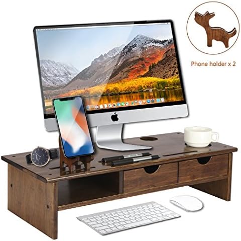 Easeurlife Computer Monitor Riser with Storage Drawer Organizer Desktop Bamboo Riser Stand (Coffee)