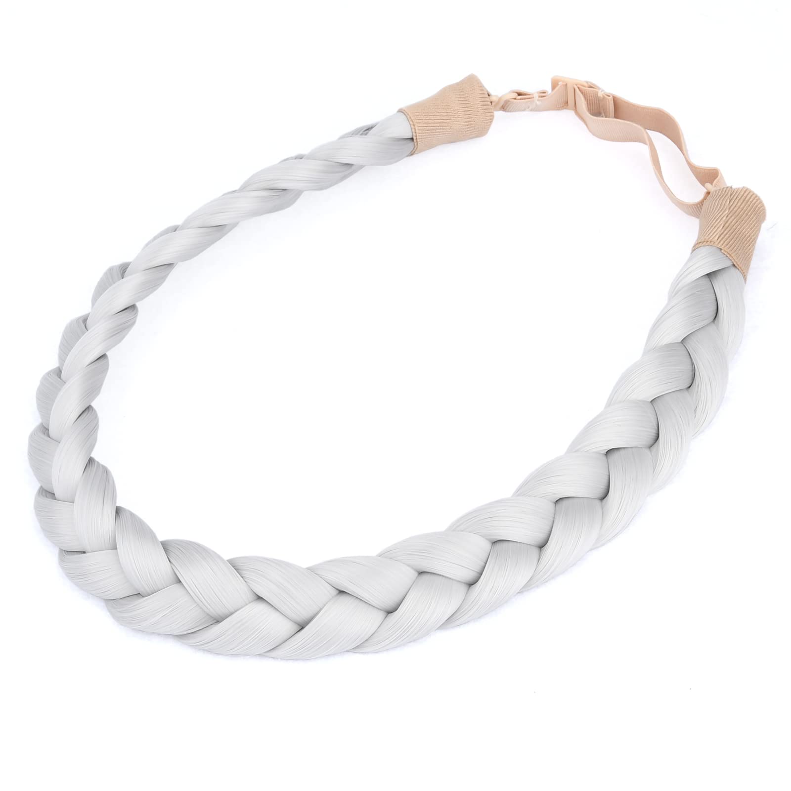 BOBIYA 3 Strand Synthetic Hair Braided Headband Classic Chunky Wide Plaited Braids Elastic Stretch Hairpiece for Women Girl Beauty Accessory (Light Gray)
