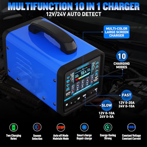 2026 Upgraded 12V/24V 0-20A Heavy Duty Battery Charger/Maintainer with Auto Shutoff, Repair & Winter Mode, 10 Modes & Color Screen for Car, Truck, Motorcycle, RV, Boat, Lawn Mower, Deep Cycle Chargers