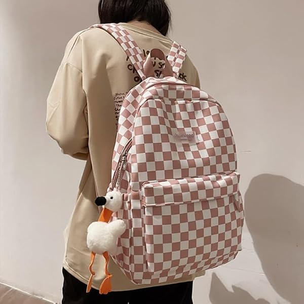 MININAI Y2K AESTHETIC CHECKERED BACKPACK WITH KAWAII PENDANT CHECKERBOARD BACKPACK CUTE PREPPY LAPTOP BACKPACK LIGHT RUCKSACK (ONE SIZE,PINK)