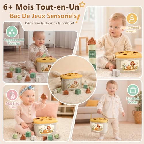 Anook Montessori Toys 6 Months, 5 in 1 Games Early Learning Baby 6-12 Months with Baby Cube, Baby Shape Game, Tissue Box, Montessori Games 6-24 Months for Baby Girl Gift