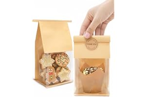 Bake Choice 50 Pcs Small Cookie Bags with Seal, 3.9x3.1x8.2 Inches Tin Tie Tab Lock Bakery Bags with Window, Resealable Paper Cookie Packaging Bag for Muffin, Treat, Brownie, Candies, Granola