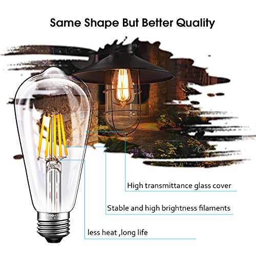 LED Edison Light Bulbs 60W Equivalent Halogen Replacement Dimmable E26 Base Vintage Filament Pendant Light Bulbs 2200K Amber Glow 6W Antique Commercial Island Light Bulbs with 600lm 6 Pack by COOWOO