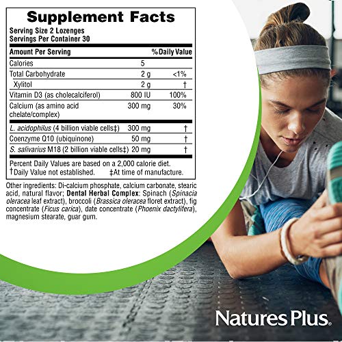 Natures Plus Adults Dental Care Probiotic - 60 Vegetarian Lozenges - Peppermint Flavor - Supplement for Teeth & Gum Health, Promotes Fresh Breath - Gluten Free - 30 Servings