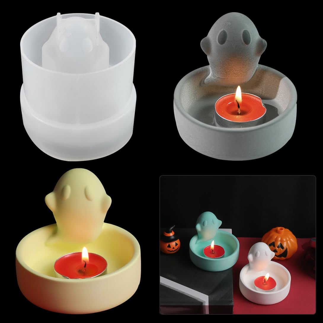 Koonafy Resin Halloween Decorations Molds, Cartoon Ghost Tealight Candle Holder Molds Silicone, Candlestick Epoxy Resin Casting Mould, Home and Office Decor, Gift for Girl Women (Cute Ghost)