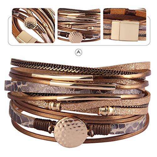 AZORA Leather Wrap Bracelets for Women Goldplated Metal Crescent Cuff Bracelet with Magnetic Buckle Casual Bohemian Wrist Bangle Jewelry Gift for Ladies Teen Girls Sister Mum