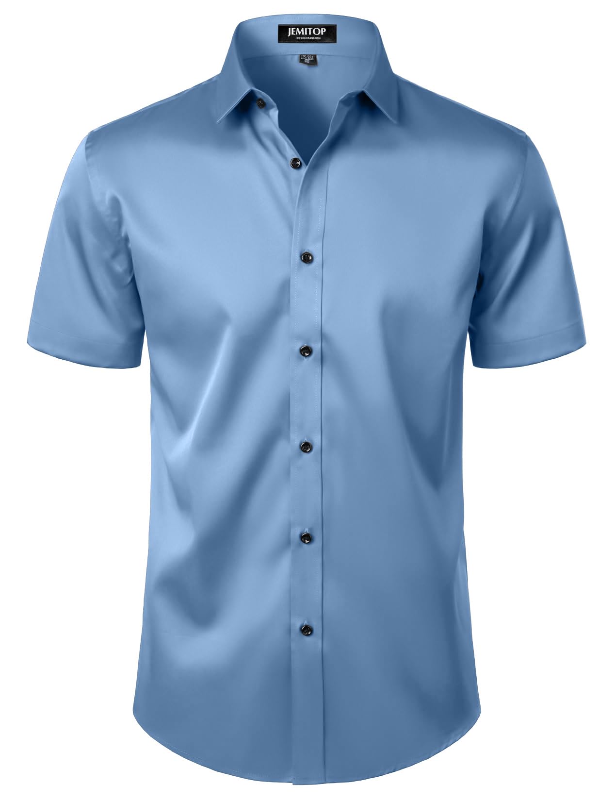 Photo 1 of JEMITOP Men's Short Sleeve Dress Shirts Casual Business Formal Slim Fit Stretch Wrinkle Free Button Down Shirt Classic Blue L