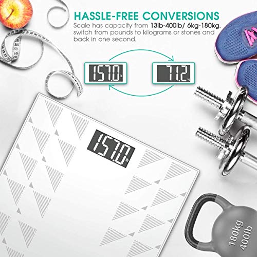 Digital Body Weight Bathroom Scale, FXQ High Precision Sensor Digital Bathroom Scale with Large Blue LCD Backlight Display, 8MM Shatter-Resistant Tempered Glass and Body Measuring Tape (White)