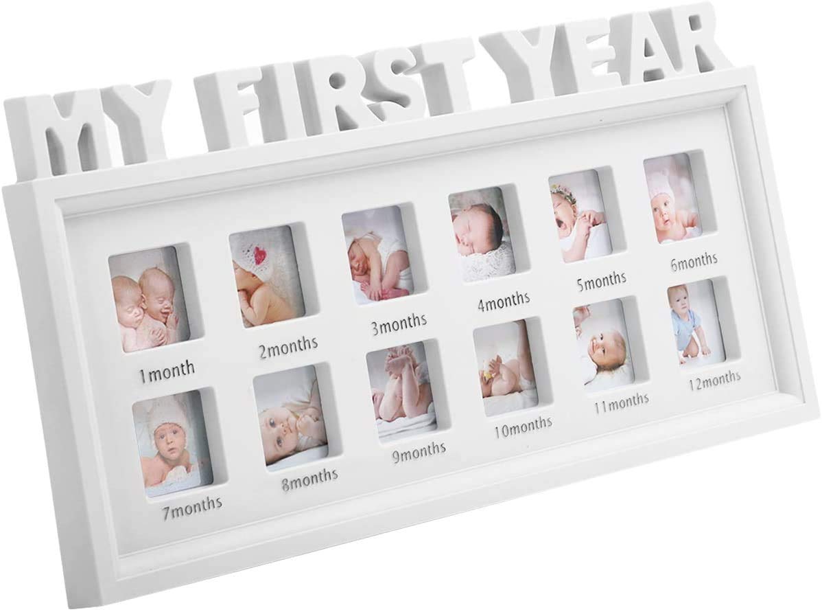 Baby Photo Frame, My First Year Birthday Wooden Infant Baby Picture Frame New Born Shower Multi Aperture Collage Photo Picture Frame with 12 Opening Standing Hanging Photograph Frame Baby Keepsake