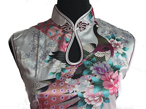 7Fairy Women's Silk White Keyhole Peacock Long Chinese Dress Qipao - Image 3
