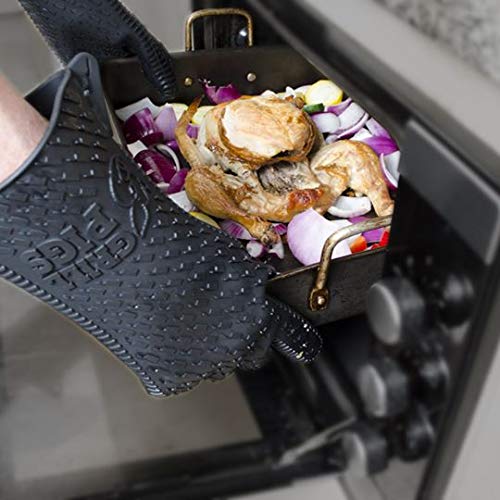 Grill Pigs BBQ Oven Gloves Heat Resistant Oven Mitts Lifetime Replacement Silicone Kitchen Gloves for Grilling or Cooking Waterproof Pot Holder Best Barbecue Hot Food Handling Set of 2