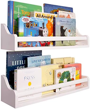Kids Bookshelf Wall Mounted (Set of 2) | 22”| Children’s Nursery Floating Shelf Toddler Book Case Furniture Baby Rack Storage Reversible Large White Wooden Shelves Toys Display Organizer Easy Install
