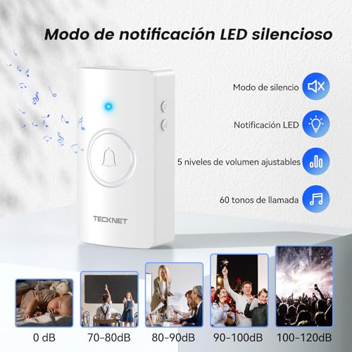 TECKNET Wireless Doorbell, 400 m Outdoor Waterproof Wireless Doorbell, Set of Wireless Doorbells 4 Receivers and 2 Transmitters, IP65 Radio Doorbell, 5 Volume Levels and 60 Melodies