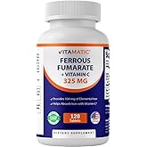 Vitamatic Ferrous Fumarate 325 mg + Vitamin C 100 mg (104 mg Elemental Iron) – High Potency Iron Supplement – Gentle on Stomach, 120 Coated Tablets, Made in USA