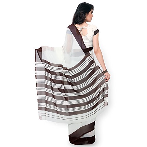 Janasya Women's Cream & Brown Printed Georgette Saree - Image 4