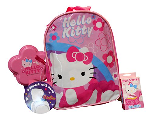 Hello Kitty small backpack w/hood 1 snack pk &amp; 1pk playing cards-3 item bundle