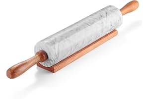 Flexzion White Marble Rolling Pin, 10-inch with Wooden Handle and Holder Base Stand, Marble Rolling Pin for Baking Pastry Piz