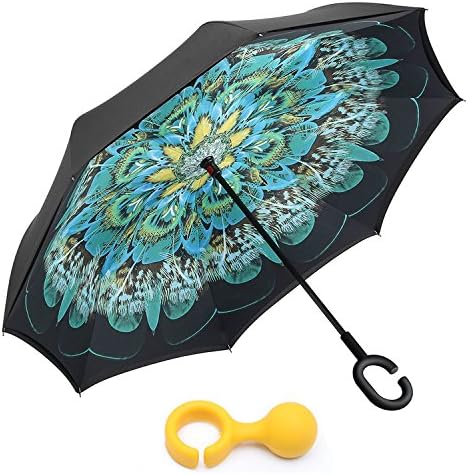 Double Layer Inverted Umbrella Cars Reverse Umbrella, COFUN Windproof UV Protection Umbrella With C-Shaped Handle and Mini Umbrella Hanger (Peacock)