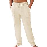 PASLTER Men's Cotton Linen Pants Elastic Waist Drawstring Casual Trouser Lightweight Straight-Legs Loose Beach Yoga Pants