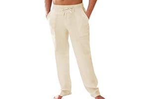 PASLTER Men's Cotton Linen Pants Elastic Waist Drawstring Casual Trouser Lightweight Straight-Legs Loose Beach Yoga Pants
